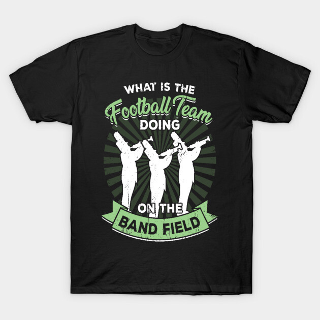 Black t-shirt with marching band graphic and playful text. Cotton material, perfect for music enthusiasts or casual wear.