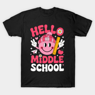 Black t-shirt with "Hello Middle School" graphic, pink and white text, playful design, perfect for back-to-school wear.