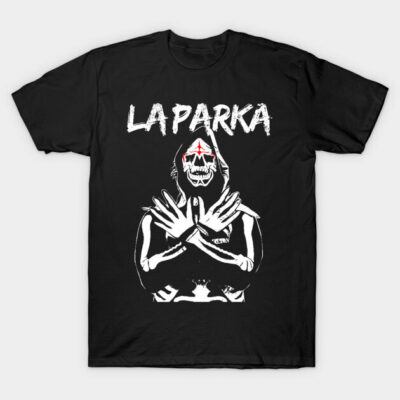 Black graphic tee with bold "La Parka" design featuring a stylized skeletal figure, perfect for casual wear.
