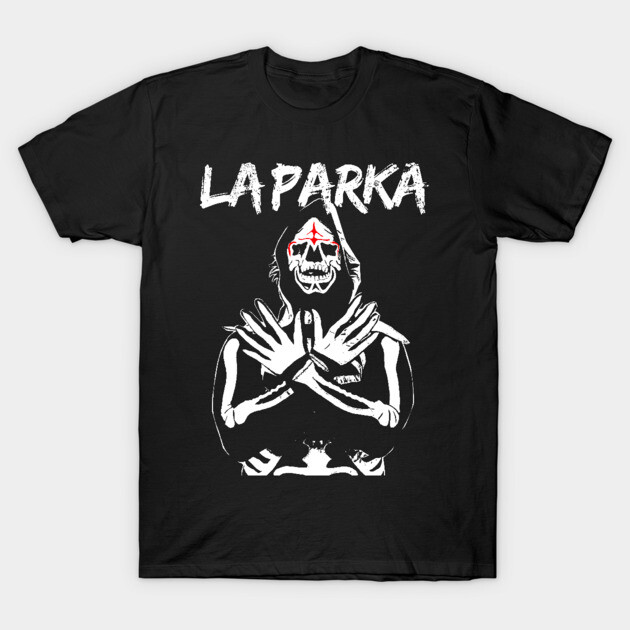 Black graphic tee with bold "La Parka" design featuring a stylized skeletal figure, perfect for casual wear.