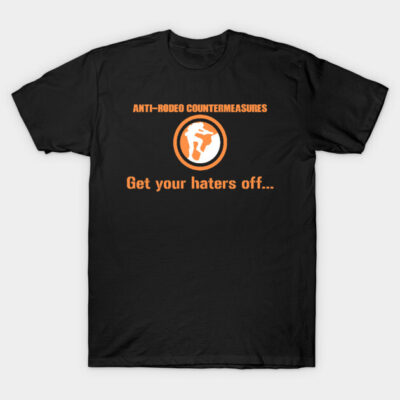 Black t-shirt with "Anti-Rodeo Countermeasures" text and graphic design in orange, casual wear.