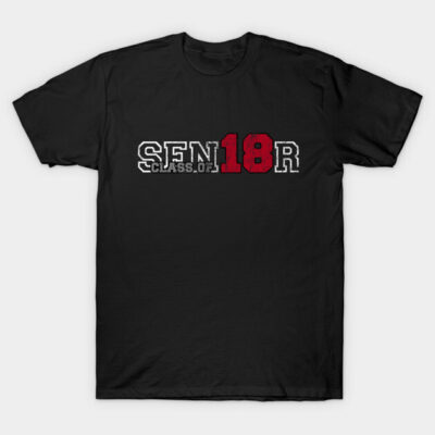 Black "Senior Class of 18" t-shirt with bold red and white text, perfect for graduation or commemorative events.