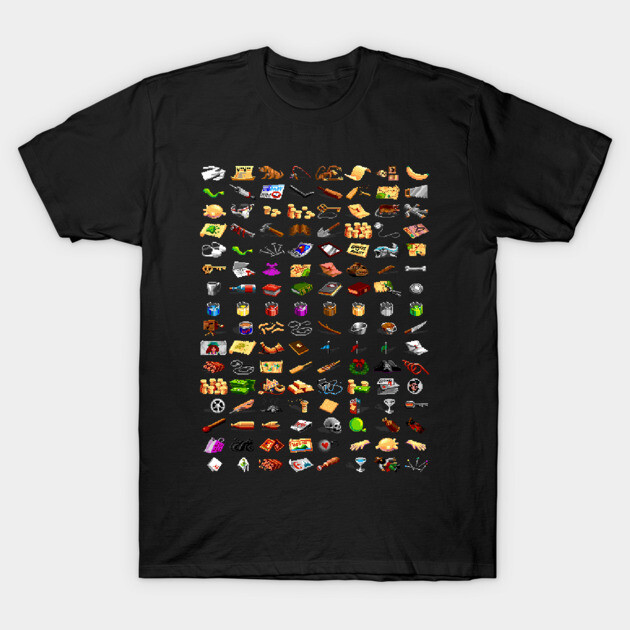 Black t-shirt featuring colorful pixel art design, ideal for casual wear and gaming enthusiasts, soft cotton material.