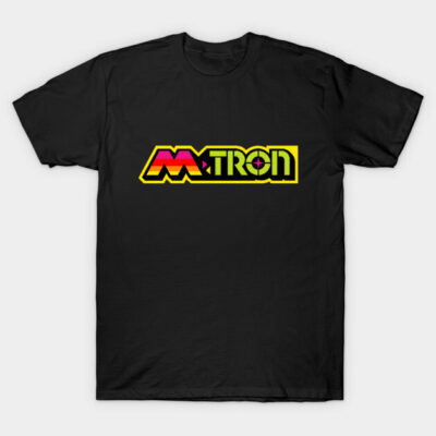 Black T-shirt with colorful retro logo design, casual style, comfortable cotton material for everyday wear.