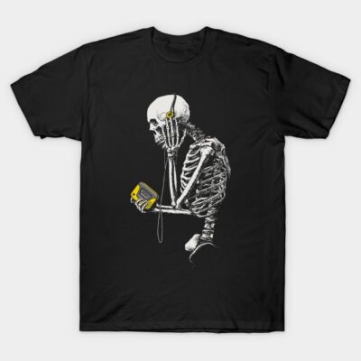 Black t-shirt featuring a skeleton listening to a yellow cassette player, casual style, cotton material.