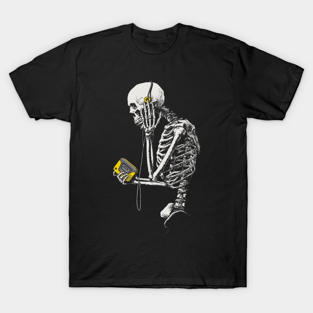 Black t-shirt featuring a skeleton listening to a yellow cassette player, casual style, cotton material.