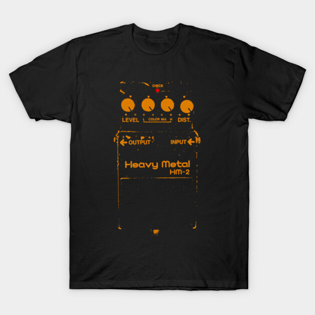 Black t-shirt with orange heavy metal pedal design, casual wear, 100% cotton, unisex, music-themed graphic tee.