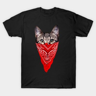 Black t-shirt featuring a cat with a red bandana design, casual style, perfect for cat lovers, cotton material.