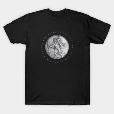 Black graphic t-shirt featuring a circular silver emblem with a classic design, ideal for casual wear.