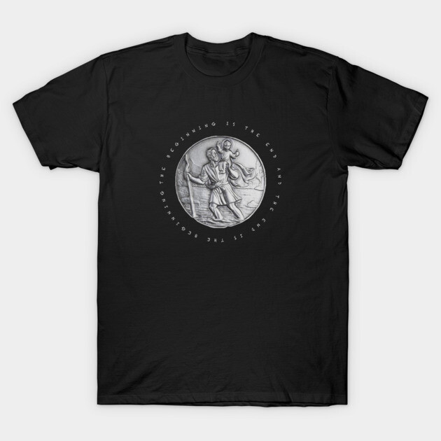 Black graphic t-shirt featuring a circular silver emblem with a classic design, ideal for casual wear.