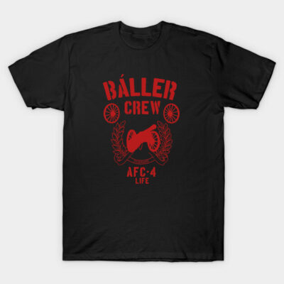 Black "Baller Crew" T-shirt with red graphic design, made of cotton, perfect for casual wear and street style.
