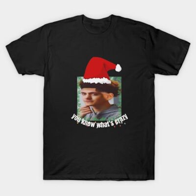 Black t-shirt with festive Santa hat design, "You Know What's Crazy" text, perfect for holiday celebrations.