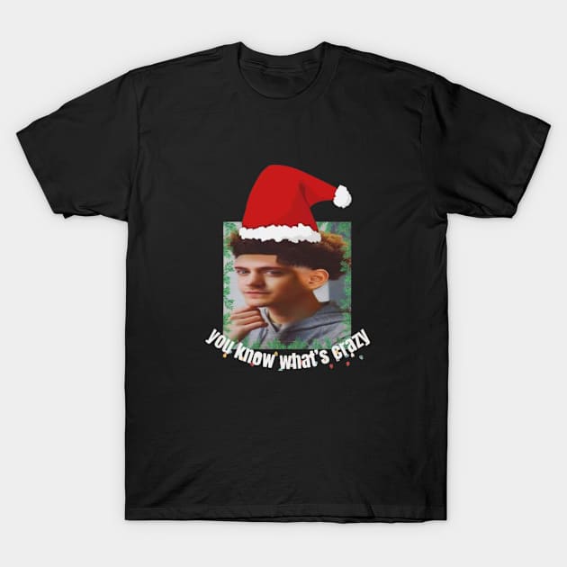 Black t-shirt with festive Santa hat design, "You Know What's Crazy" text, perfect for holiday celebrations.