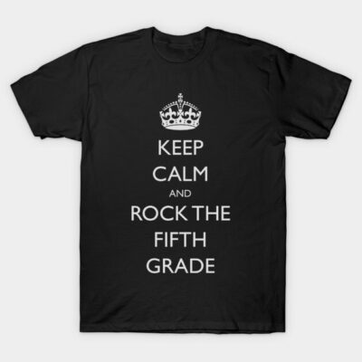 Black "Keep Calm and Rock the Fifth Grade" T-shirt, casual style, cotton material, perfect for school events.