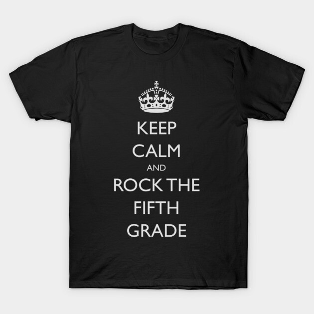 Black "Keep Calm and Rock the Fifth Grade" T-shirt, casual style, cotton material, perfect for school events.