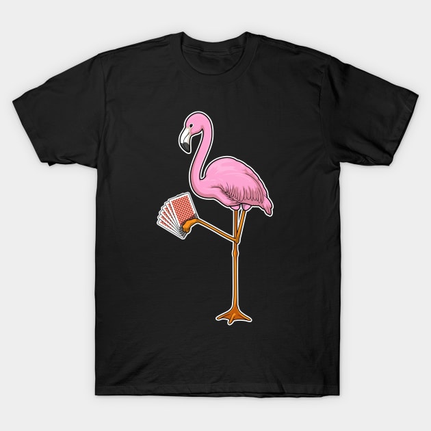Black T-shirt featuring a pink flamingo holding playing cards, casual style, 100% cotton material.