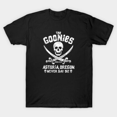 Black "The Goonies" graphic t-shirt featuring skull and swords design, made from soft cotton, ideal for casual wear.