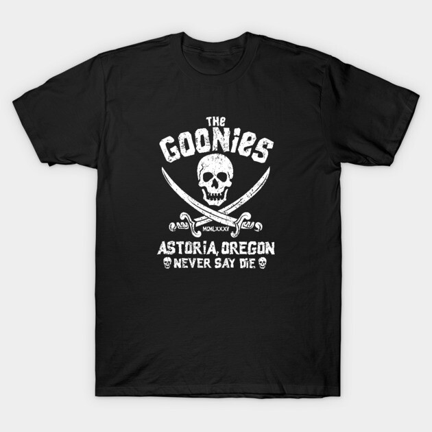Black "The Goonies" graphic t-shirt featuring skull and swords design, made from soft cotton, ideal for casual wear.