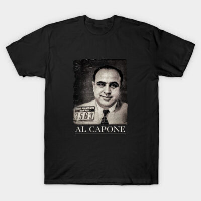 Black graphic T-shirt with vintage mugshot design, cotton material, casual style, ideal for everyday wear.