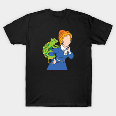 Black T-shirt with graphic of faceless woman in blue dress and green dragon on shoulder, casual wear, cotton blend.
