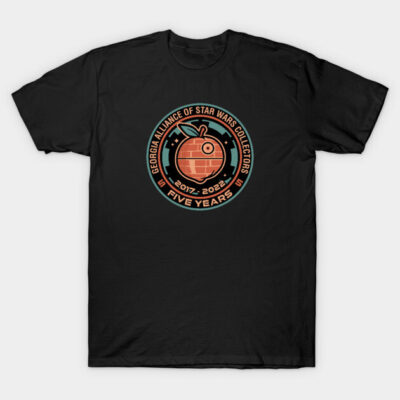 Black T-shirt with Georgia Alliance of Star Wars Collectors emblem, featuring orange design. Casual wear, cotton material.