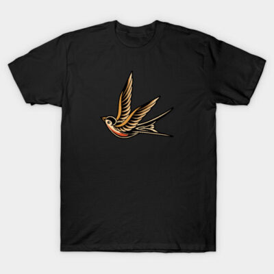 Black T-shirt with vintage-style flying bird design, cotton material, casual wear for everyday use.