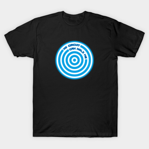 Black t-shirt with glowing blue circular design and text, "No Circuit Can Hold Me," ideal for casual wear.