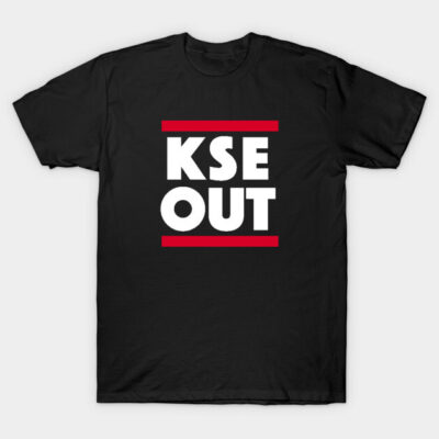 Black cotton T-shirt with bold white "KSE OUT" text and red accents, casual style, unisex fit.
