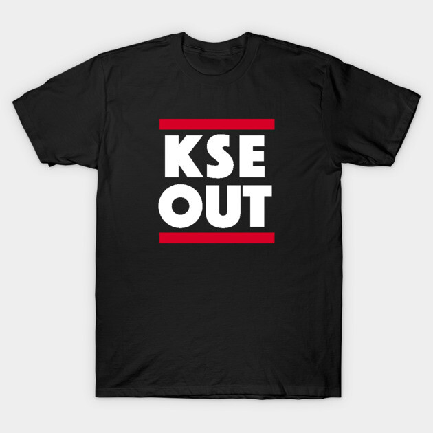 Black cotton T-shirt with bold white "KSE OUT" text and red accents, casual style, unisex fit.