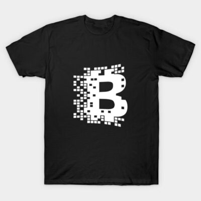 Black T-shirt with white digital pixelated letter B design, casual style, unisex cotton fabric.