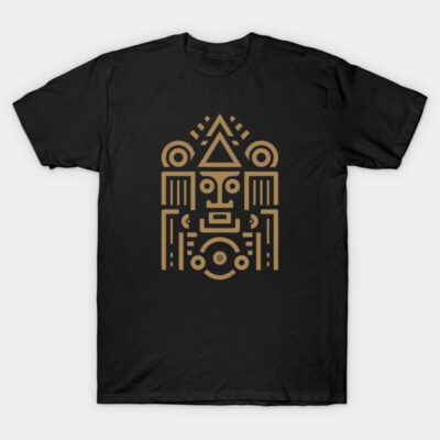 Black t-shirt with gold geometric tribal design, short-sleeve, casual wear, cotton material.