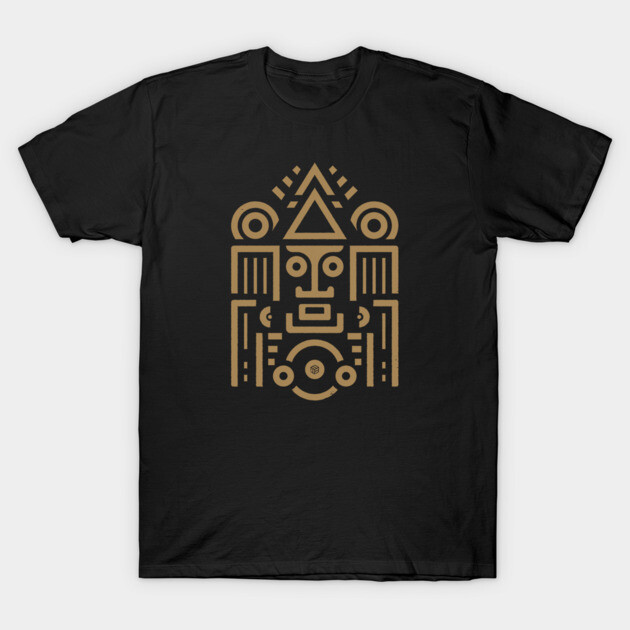Black t-shirt with gold geometric tribal design, short-sleeve, casual wear, cotton material.