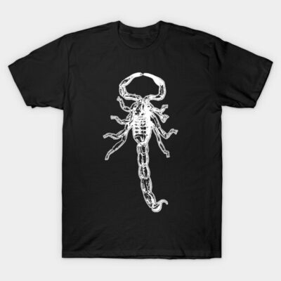 Black t-shirt with white scorpion graphic, casual style, 100% cotton, ideal for everyday wear.