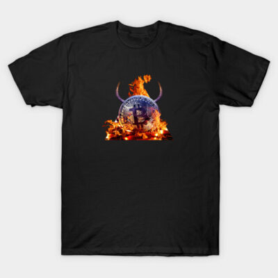 Black T-shirt with fiery Bitcoin design, digital currency theme, casual style, cotton material.