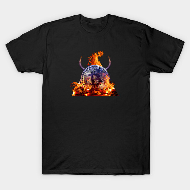 Black T-shirt with fiery Bitcoin design, digital currency theme, casual style, cotton material.