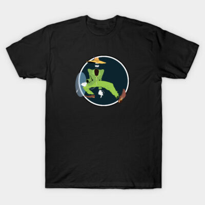 Black t-shirt with vibrant anime-inspired design, featuring colorful characters in dynamic poses. Perfect for casual wear.