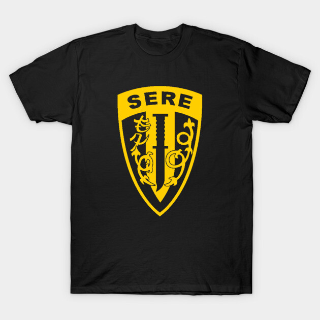 Black T-shirt with yellow SERE emblem, featuring bold knife design. Ideal for casual wear. 100% cotton.