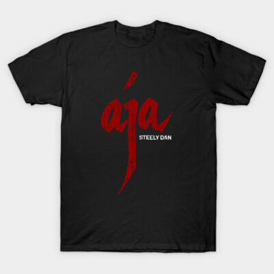 Black T-shirt with red "Aja" graphic design, casual wear, 100% cotton, unisex style, music-themed.