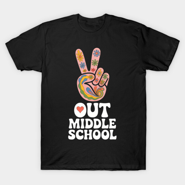 Black t-shirt with colorful peace sign and "Out Middle School" text, perfect for school graduates, cotton fabric.