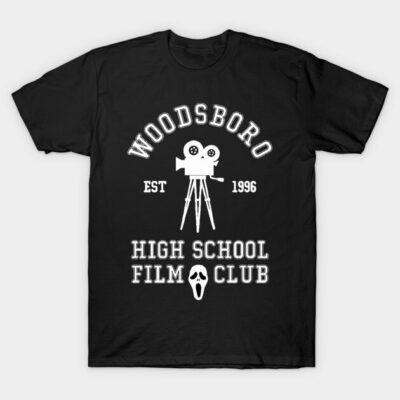 Black "Woodsboro High School Film Club" T-shirt, featuring retro camera graphic, casual style, cotton material.