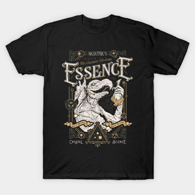 Black graphic t-shirt with fantasy-themed design, featuring a creature holding a flask, ideal for casual wear.