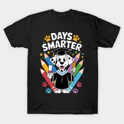 Black "Days Smarter" t-shirt with cartoon dog in graduation attire, colorful pencil background, playful design.