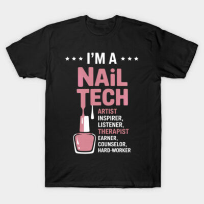 Black "I'm a Nail Tech" t-shirt with pink and white nail polish graphic, ideal for nail technicians.