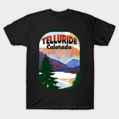 Black t-shirt with Telluride Colorado mountain graphic, perfect for casual wear, made from soft cotton.