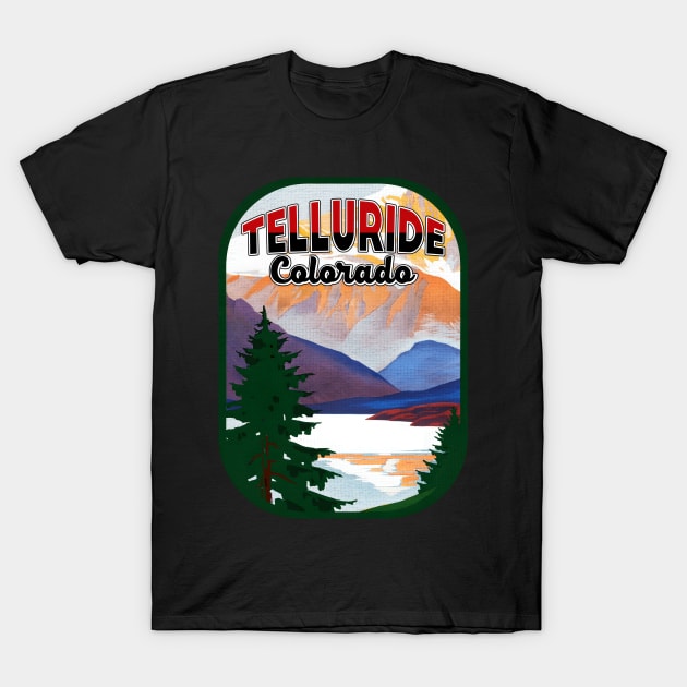 Black t-shirt with Telluride Colorado mountain graphic, perfect for casual wear, made from soft cotton.