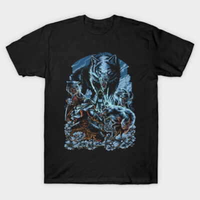Black graphic t-shirt featuring a wolf and fantasy scene, ideal for casual wear, made from soft cotton blend material.