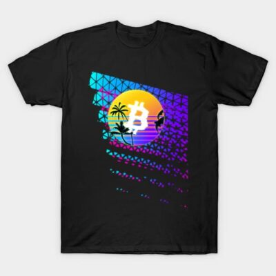 Black t-shirt with colorful Bitcoin sunset design, featuring palm trees and geometric patterns, casual cotton style.