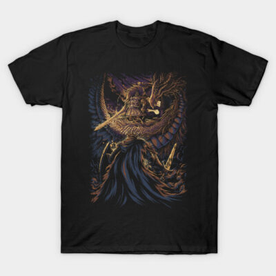 Black unisex t-shirt with dragon and warrior design, fantasy graphic, soft cotton, casual wear, durable print.