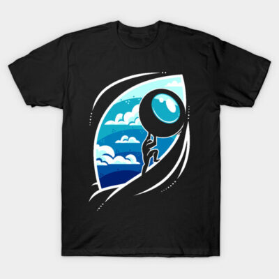 Black t-shirt with abstract blue cloud and figure artwork, cotton material, casual wear, artistic design.