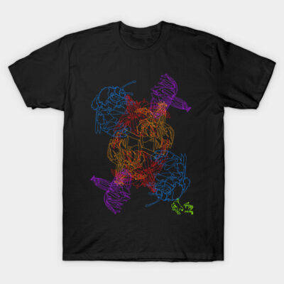 Black T-shirt with colorful abstract line art design, casual style, 100% cotton, unisex.